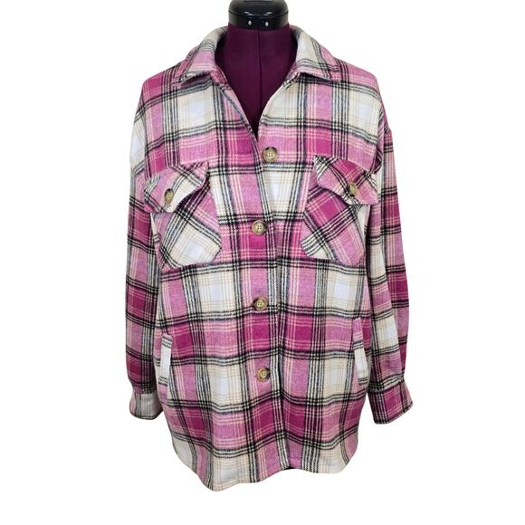 New Fashion Jackets & Blazers - Women's New Fashion Pink Plaid Flannel Oversized Shacket | Size Small